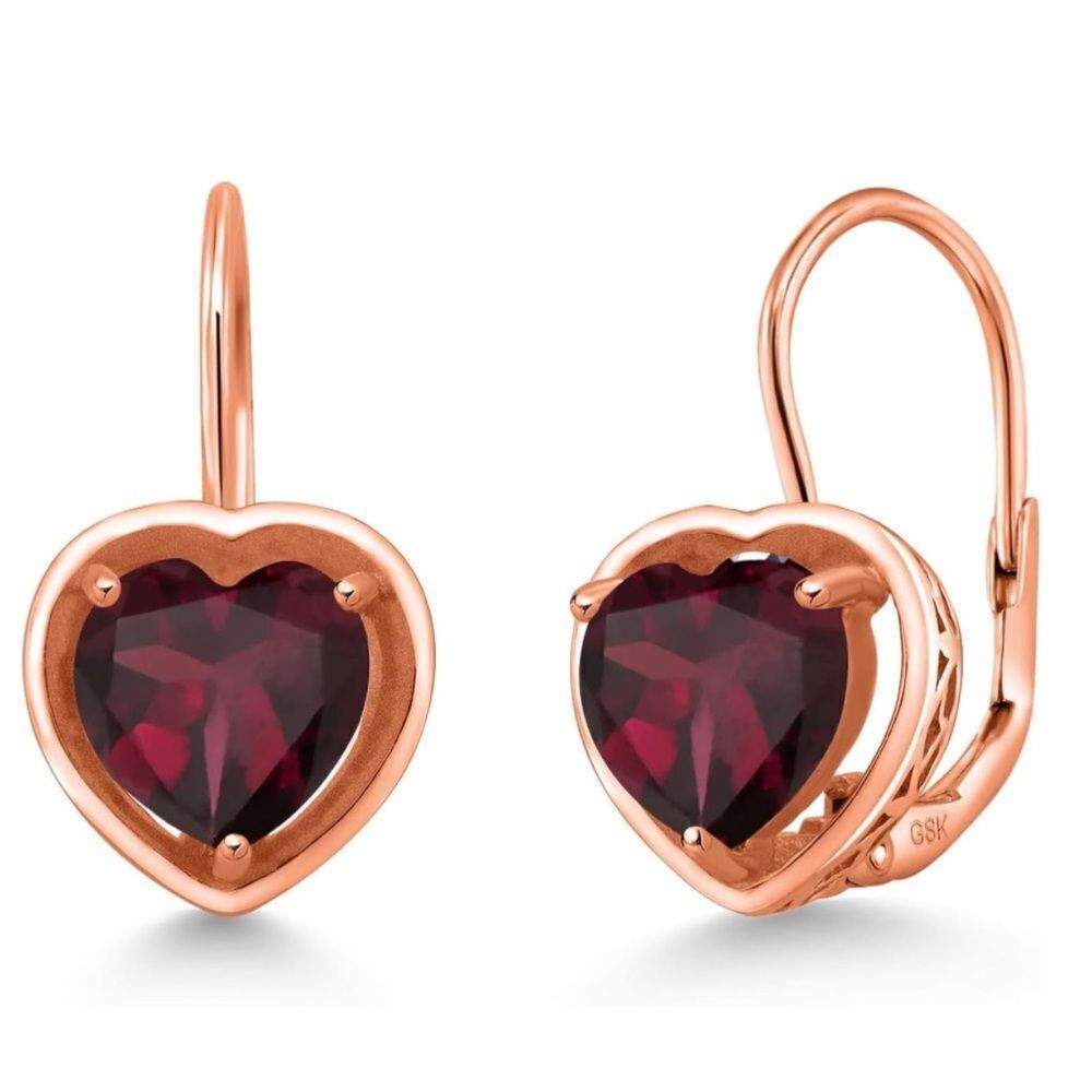 18K Rose Gold 925 with 3.00 Cttw 7MM Rhodolite Garnet Heart Leverback Earrings